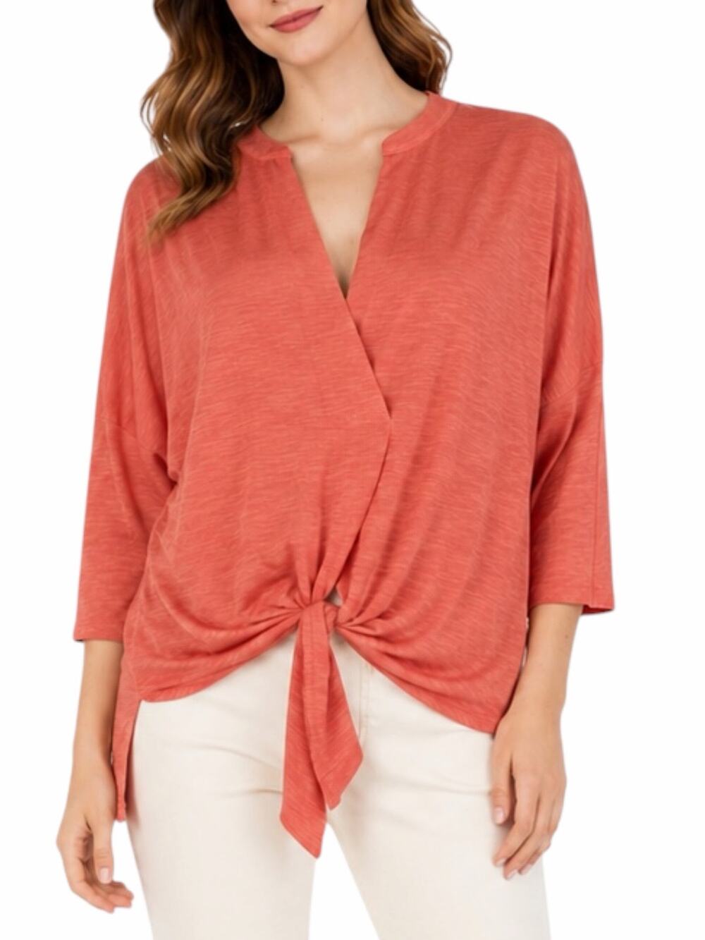 Sunday in Brooklyn 3/4 Sleeve Tie Front Hem Top Hi Lo Coral Orange Size XS